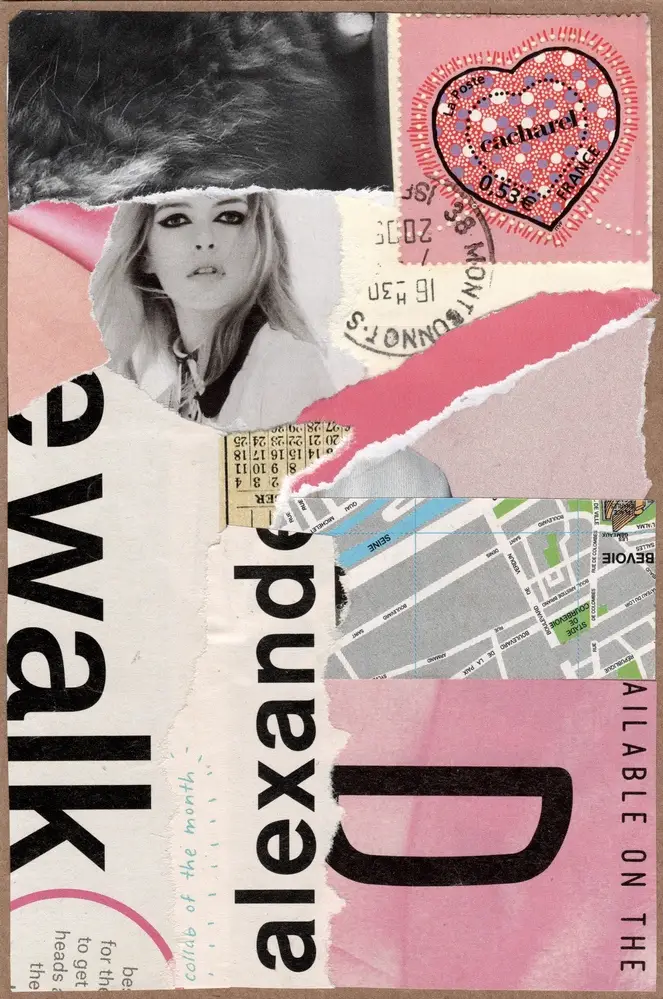 A collage with torn paper featuring a black-and-white womans portrait, a pink heart-shaped stamp, map fragments, text pieces, and various layered colors and textures.