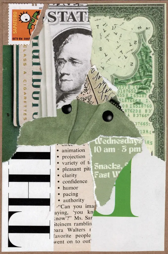 A collage featuring currency, a cigarette stamp, a cartoon stamp, torn text fragments, and a green number one, arranged in overlapping layers with neutral and green tones.