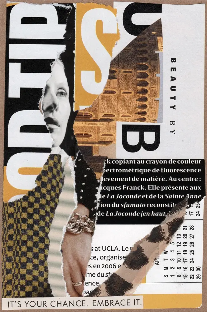 A collage featuring a womans face, a hand with jewelry, torn text, building, patterns, and the phrase ITS YOUR CHANCE. EMBRACE IT. at the bottom. Various textures and colors are layered throughout.