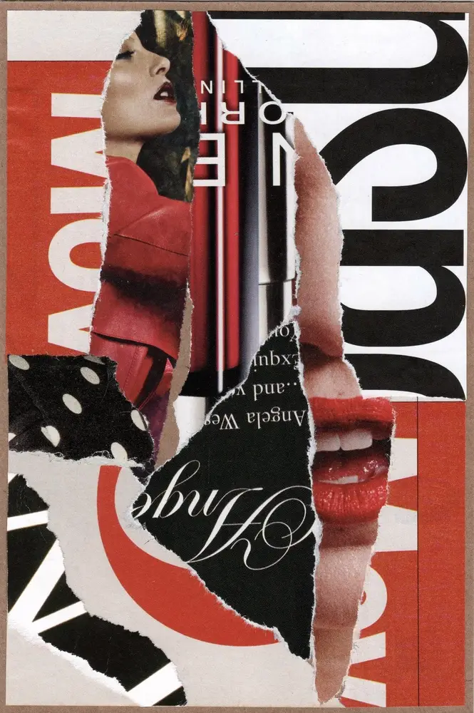 A collage of torn magazine pages shows bold red, black, and white colors, fragments of a womans face with red lipstick, polka dots, and mixed text in various fonts.