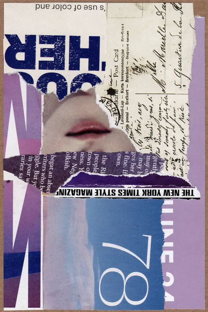 A collage with torn paper pieces, part of a mouth, postcard text, bold blue letters, and numbers 78 and JUNE 24. Elements overlap in a layered, abstract design.
