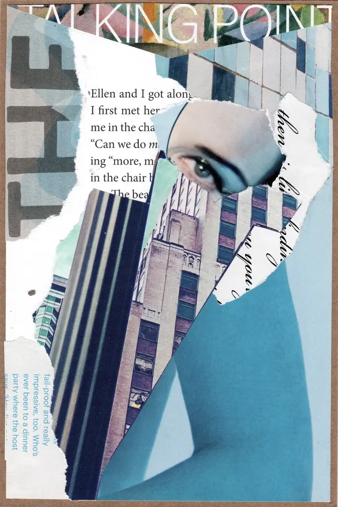 A collage featuring torn paper layers with text, a partial photo of a womans eye, colorful stripes, building windows, and handwritten words, all arranged in an abstract, artistic composition.