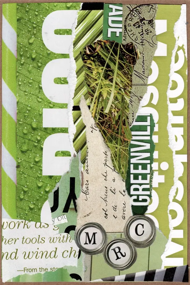 A collage featuring green leaves, torn papers with text fragments, raindrops, and vintage letter keys spelling MRC. Layered textures and shades of green dominate the composition.