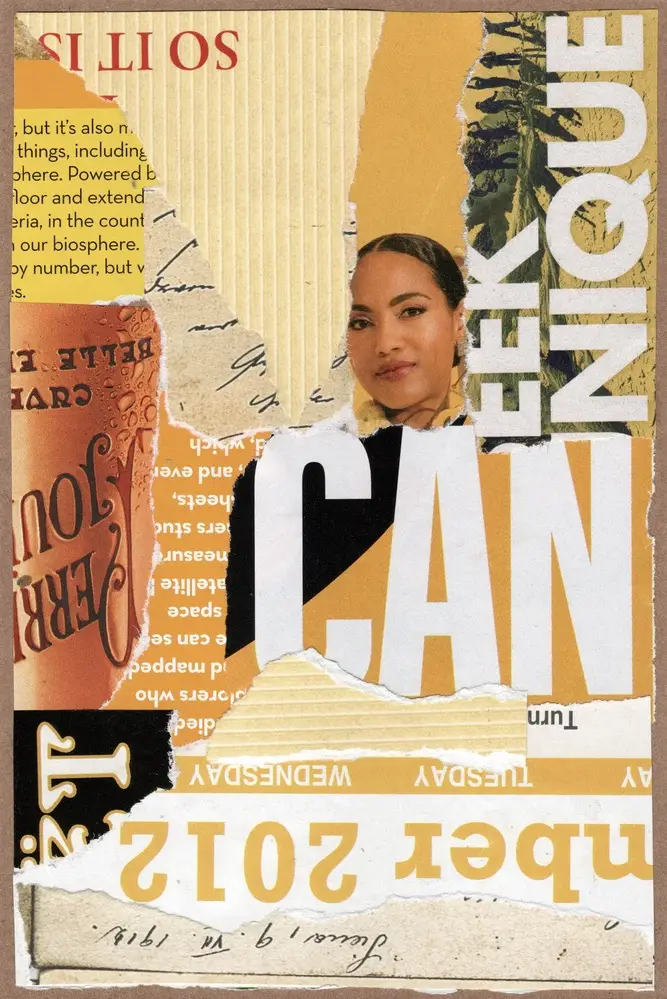 A collage featuring a womans portrait, torn paper layers with text, handwritten notes, and various colors like yellow, white, brown, and black. Some text is upside down, including CAN and 2012..