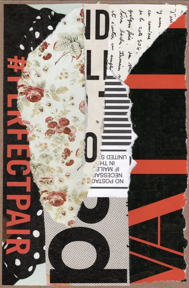 A collage of torn paper layers featuring floral patterns, bold black and red text, a barcode, polka dots, and handwritten script, with #PERFECTPAIR partly visible along the left side.