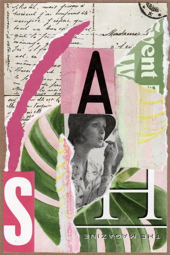 A mixed-media collage with handwritten text, torn paper, a black-and-white photo of a woman in a hat, and large overlapping letters A, H, and S on a colorful, textured background.