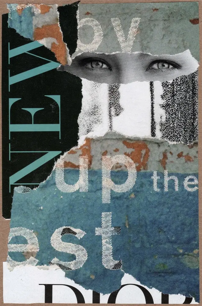 A collage of torn paper layers reveals part of a face with eyes, mixed with large fragmented text reading NEW and other obscured letters on textured blue, gray, and beige backgrounds.