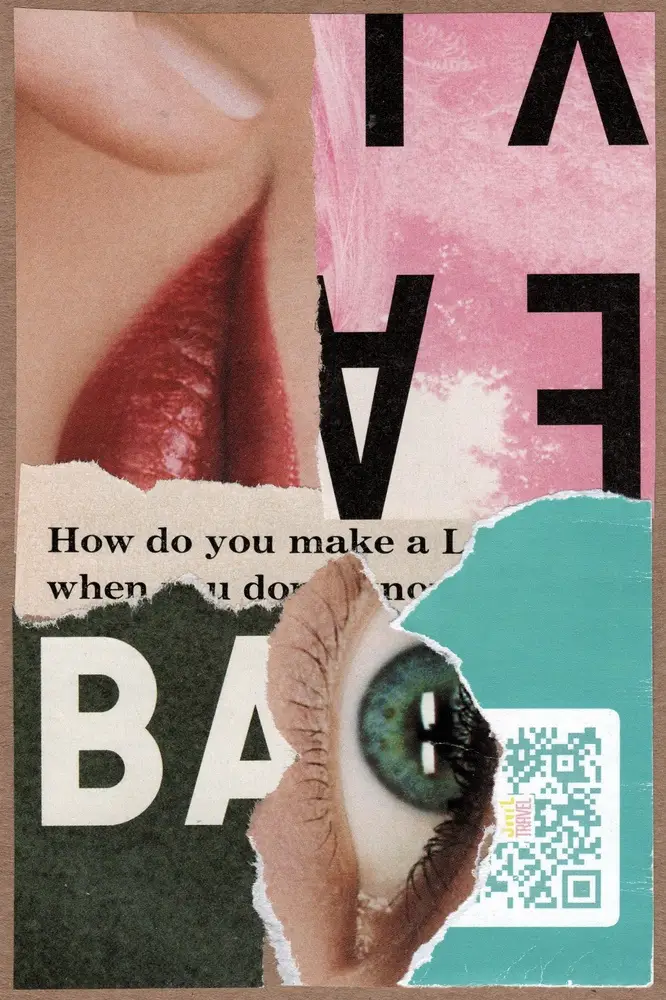 A collage featuring a mouth with red lips, a blue-green eye, torn text fragments, partially visible words, and a QR code on a teal background. The overall style is abstract and mixed media.