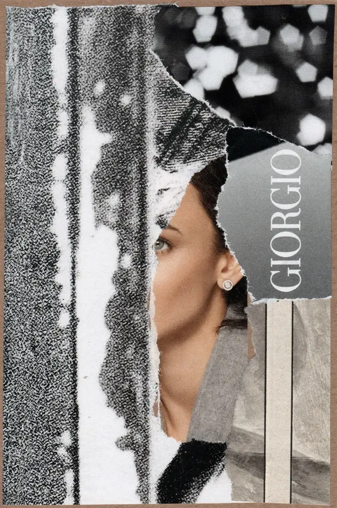 A collage-style image of a womans partially hidden face, with torn paper, black and white textures, and the word GIORGIO visible on the right side.