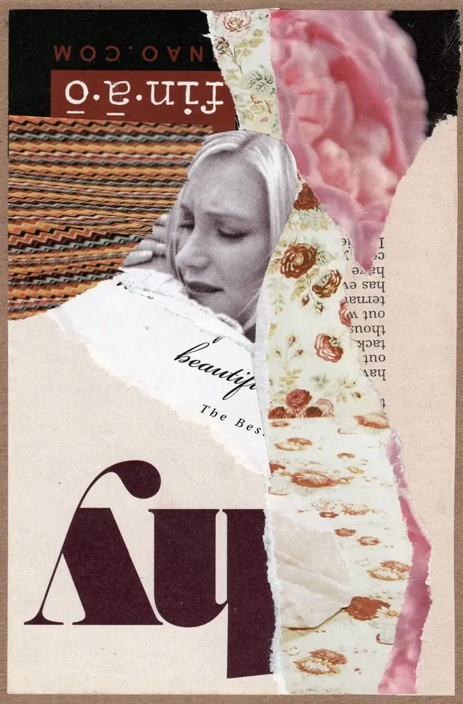 A collage with a black-and-white photo of a woman, torn floral and woven patterns, text fragments, and muted colors, all arranged in an abstract, artistic style.