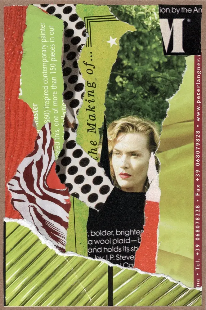A collage with torn paper layers reveals part of a womans face, text fragments, and mixed colors including green, red, and white, creating an abstract, textured composition.