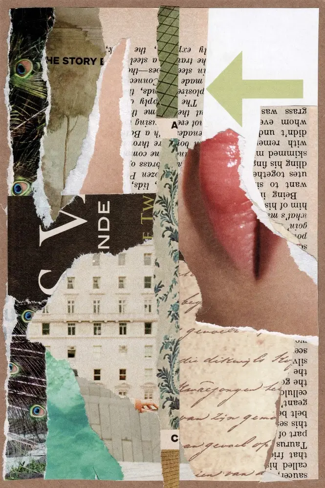 Collage of torn paper pieces showing a building, handwritten text, printed words, a green arrow, peacock feathers, and a close-up of lips. Layers overlap with varied colors and textures for an abstract effect.