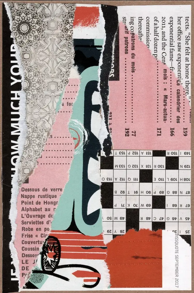 A collage with torn layers of paper, including text, decorative patterns, numbers, and bold colors like black, red, and teal, arranged in a vertical, abstract composition.