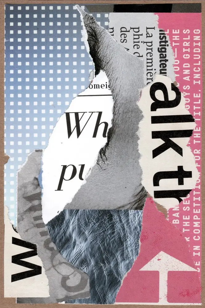 A collage with torn paper layers showing text fragments, a black-and-white photo of an eye, blue dots, and a pink section with a white arrow. Some text is sideways or upside down.