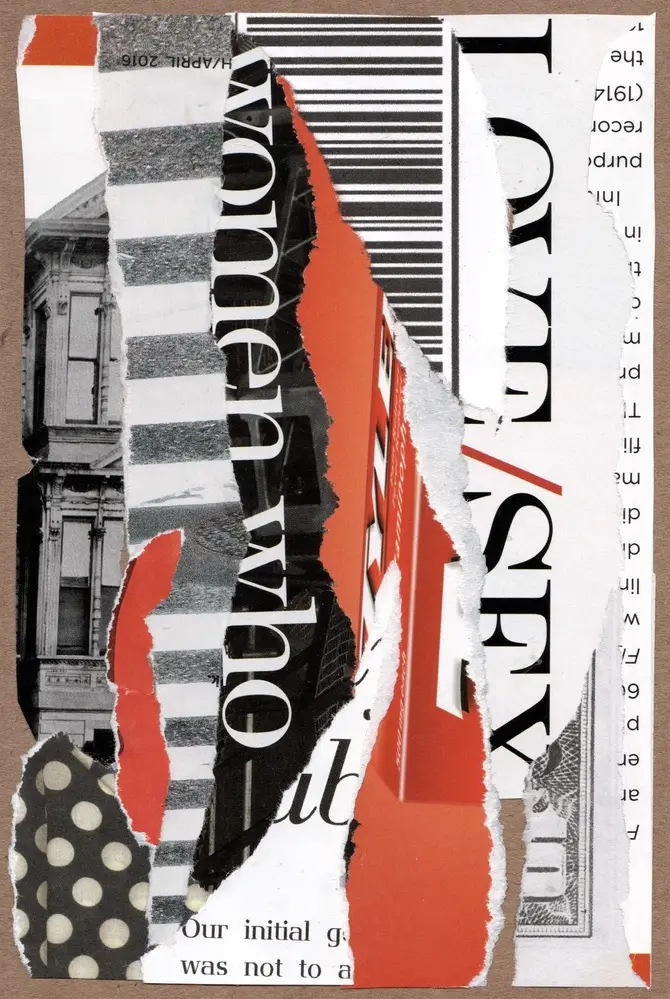 A collage of torn paper layers featuring black-and-white stripes, polka dots, fragments of text, and a partial grayscale photo of a house. The visible words include Women who, Love, and ASEY..