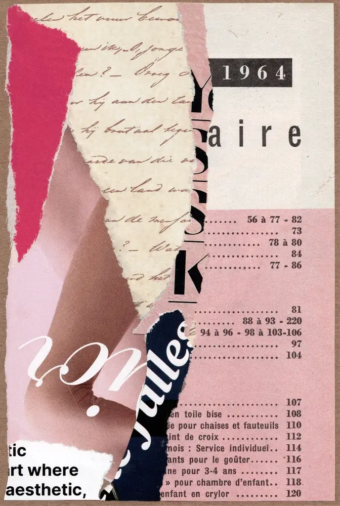 A collage combines torn pastel paper, vintage handwriting, typed numbers, a partial 1964, and French text in varied fonts, creating an abstract, layered, retro design.