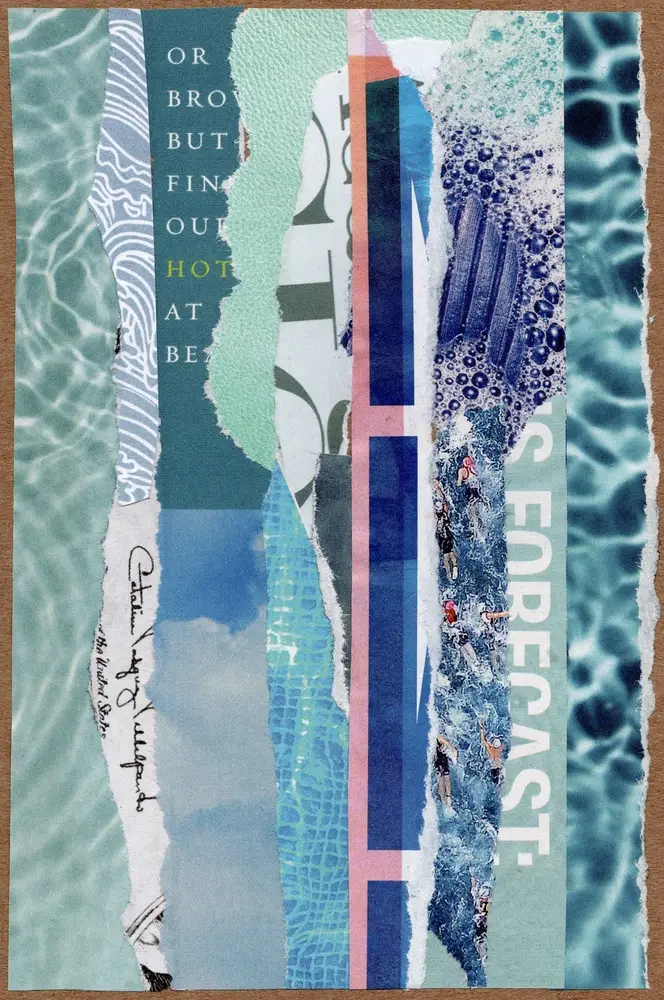 A collage of torn paper strips in blue, teal, and aqua tones, featuring water patterns, text fragments, and abstract designs, arranged vertically against a neutral background.