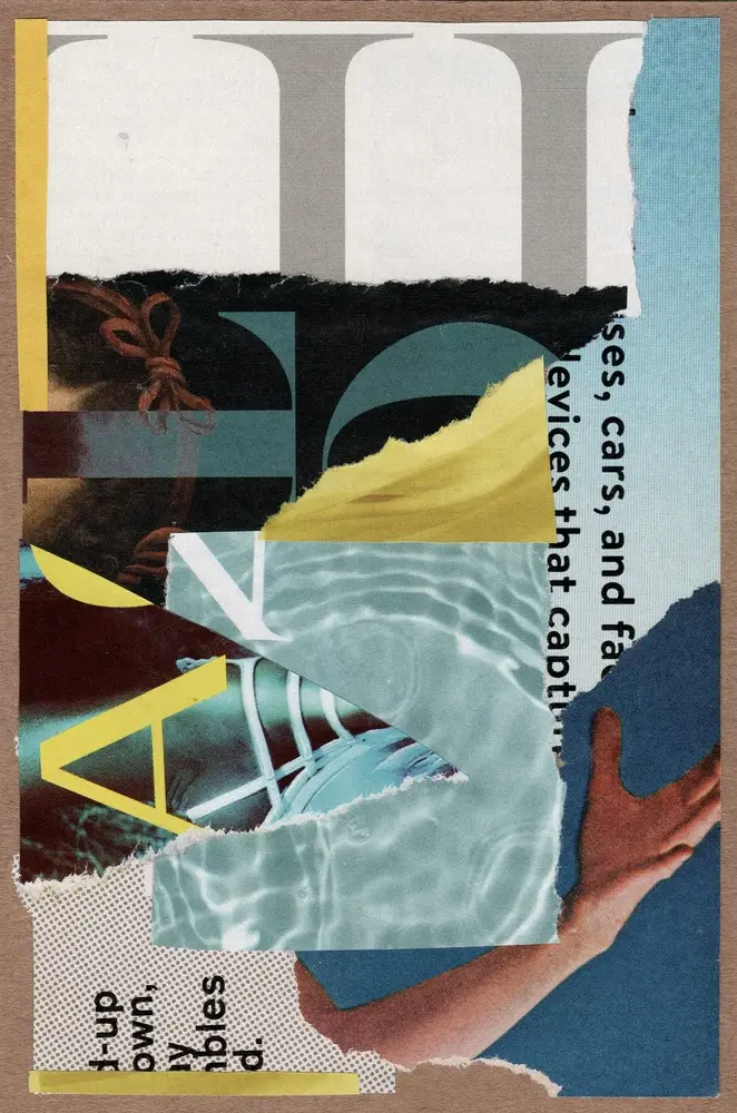 A collage of torn paper layers features text fragments, a partial swimming pool scene, an arm, and abstract shapes in blue, yellow, brown, and gray tones.