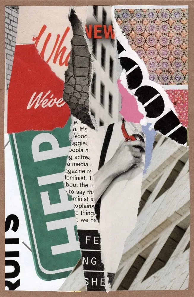 A collage of torn paper pieces featuring text, a green HELP sign, a black and white photo of a hand holding scissors, building facades, and colorful patterned sections on a brown background.