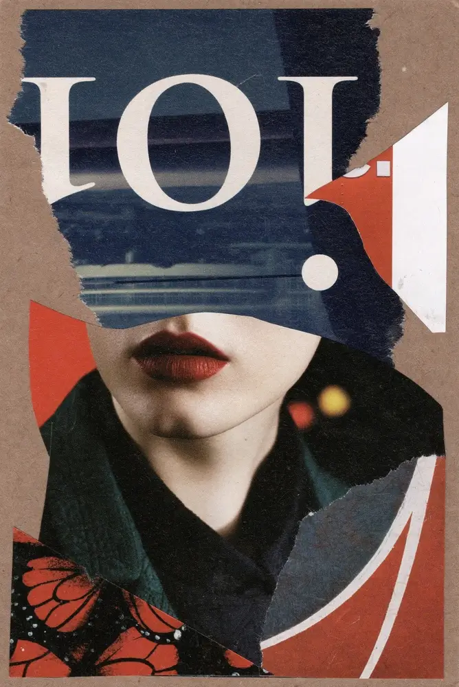 A collage shows a womans lower face with red lips, overlaid with torn paper featuring bold letters, patterns, and abstract shapes, creating a surreal, fragmented portrait.