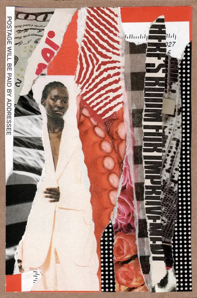 A collage featuring a person in a white suit, torn papers with text, red patterns, and various textures, including polka dots, octopus tentacles, and postage marks.