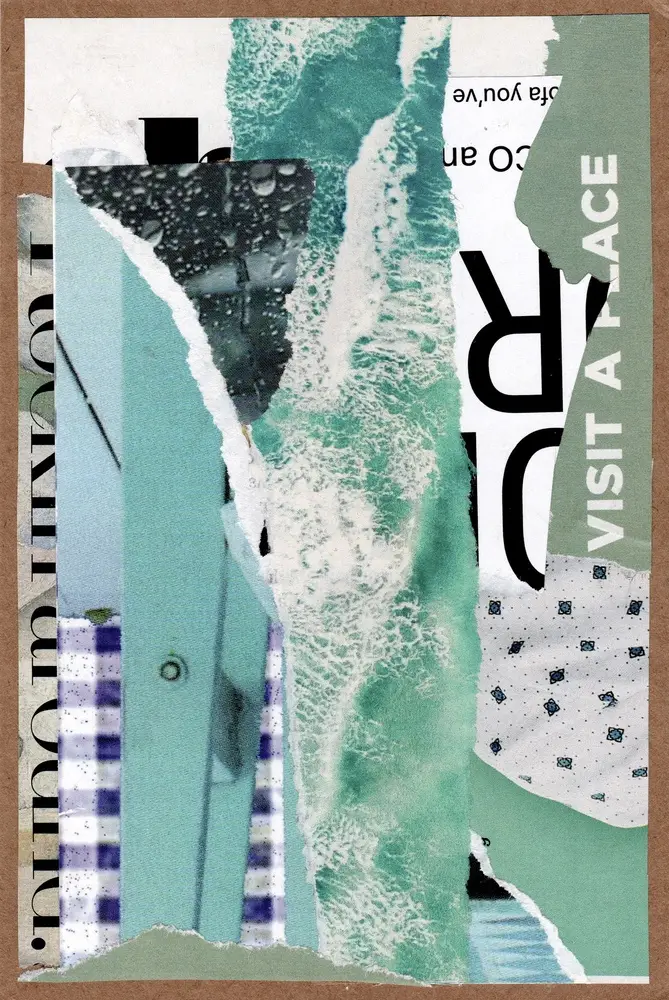 A collage of torn paper featuring ocean waves, text fragments, raindrops on glass, and patterned blue and white pieces, all layered on a brown background.