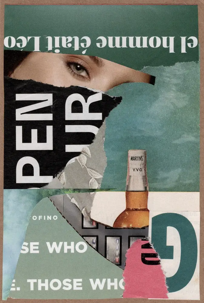 A collage with torn paper layers revealing parts of a womans eye, a beer bottle, and cut-off text on green and beige backgrounds. Elements are arranged in a jumbled, overlapping manner.