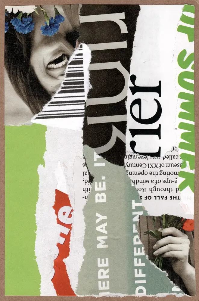 A mixed-media collage features torn magazine pages, text fragments, a smiling mouth, blue flowers, and a hand holding small flowers, creating an abstract, layered composition with green, black, and red accents.