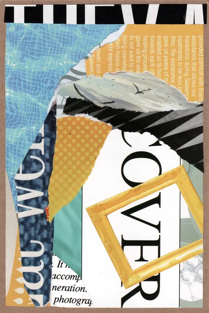A collage featuring torn paper with text, a blue mosaic pattern, yellow dots, black and white brushstrokes, and a tilted yellow frame overlapping the word COVER..