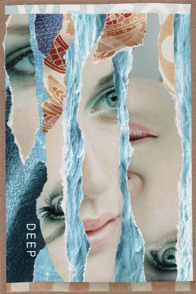 A collage of torn paper layers reveals fragmented faces, blue water textures, and abstract patterns. The word DEEP appears vertically in white text on the left side.