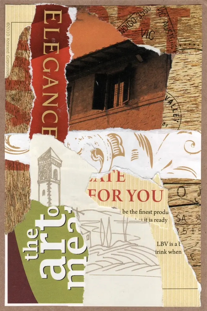 A collage of torn paper pieces featuring a window, ELEGANCE in bold, a clock tower, map-like designs, and partial text in various fonts and colors layered together.