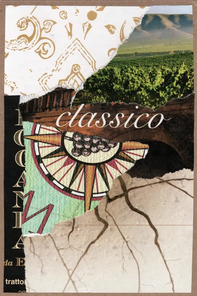A collage with the word classico, featuring vineyard scenery, abstract patterns, a compass, cracked earth, and torn text in various textures and colors.