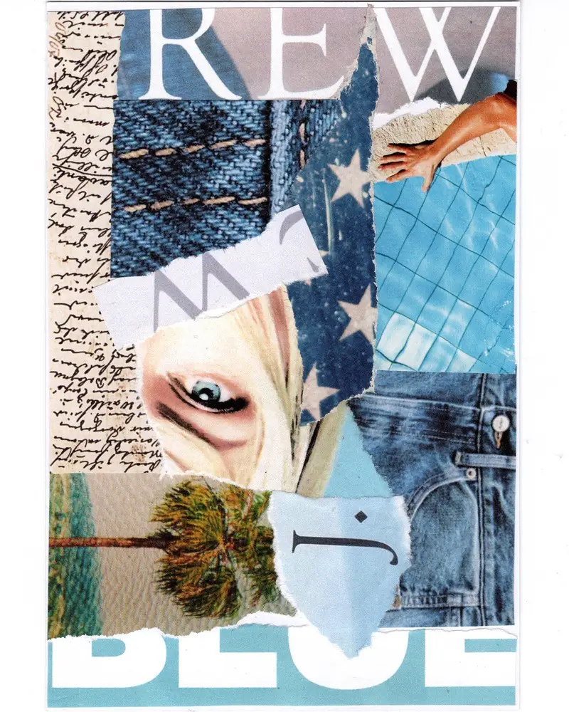 A collage featuring denim, a palm tree, handwritten text, stars, a partial face, an arm on sand, a blue pool, and the letters REW and BLUE visible in the background.