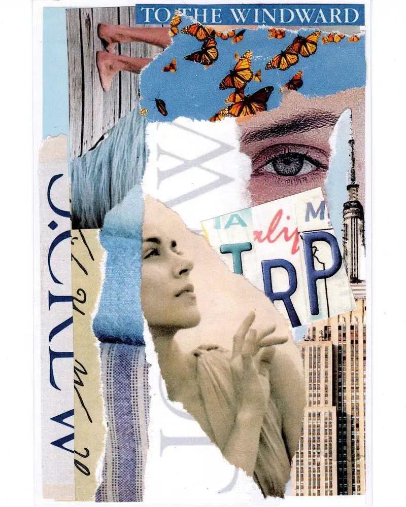 A collage featuring butterflies, a womans face with blue hair, a close-up of an eye, torn text, and images of buildings, including the Empire State Building, all layered with torn paper textures.