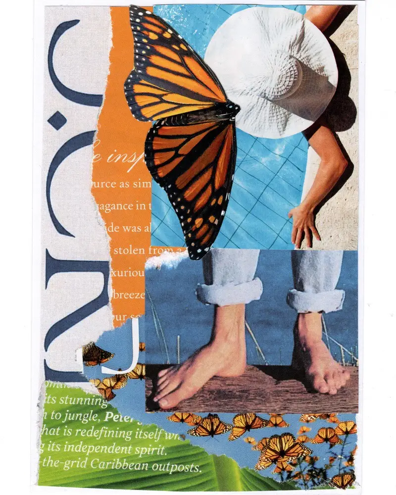 A collage featuring a monarch butterfly, bare feet on sand and grass, a white sunhat, blue sky, and torn text fragments, creating a summery, carefree mood.