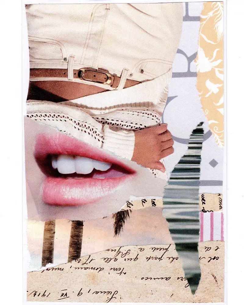 A surreal collage features large lips, a hand resting on a belted waist, torn handwritten paper, palm trees, and abstract patterns, all layered to create a dreamlike composition.
