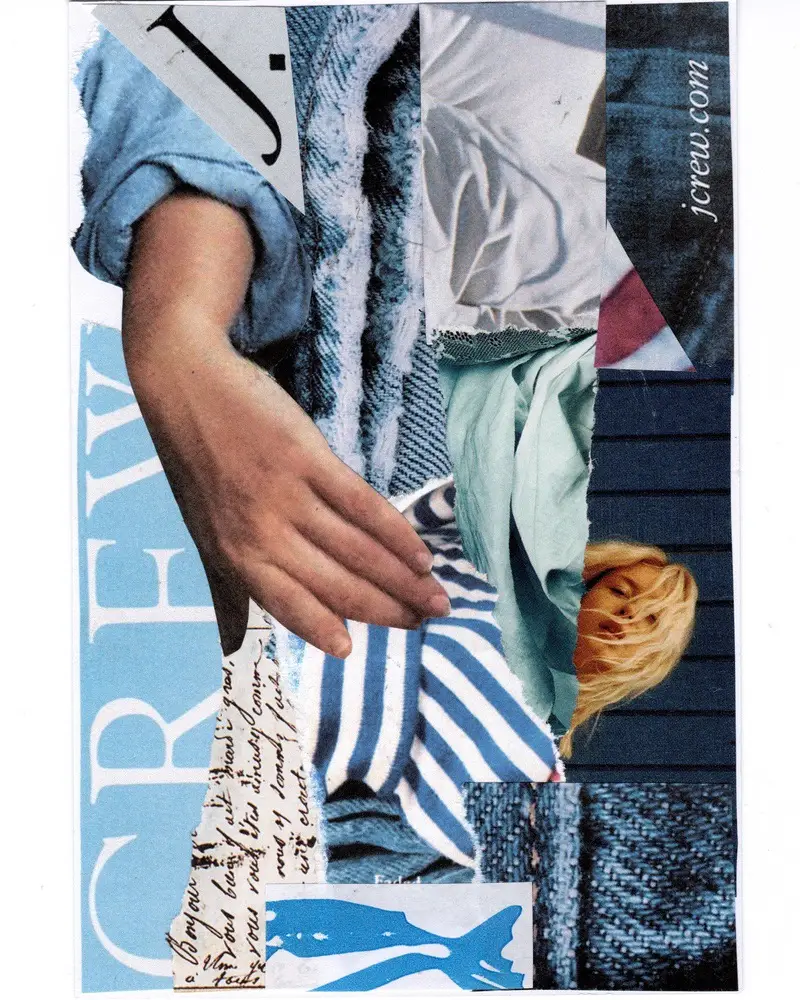Collage featuring a hand, a woman with blond hair, blue and white striped fabric, torn text, and J.CREW branding in bold letters, all arranged with textured, layered paper elements.