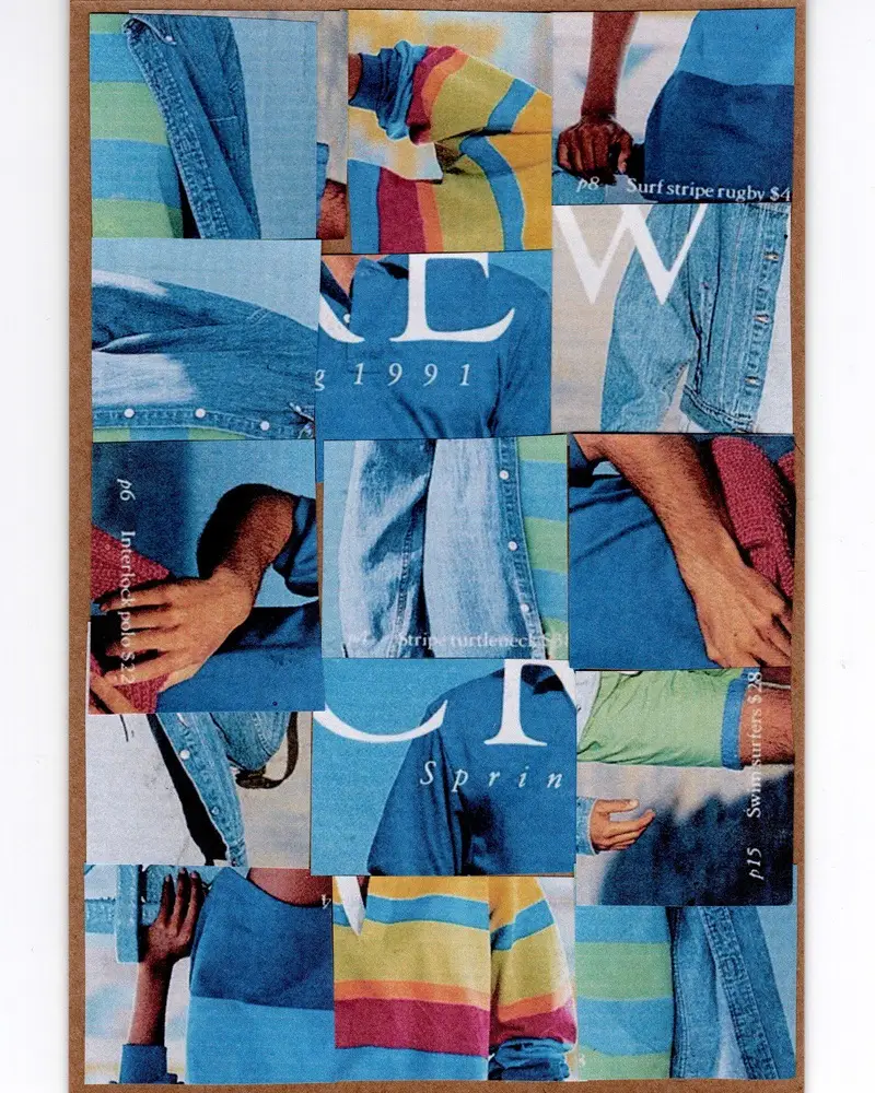 Collage of colorful striped shirts, denim, and hands on a vintage 1991 magazine cover; clothing pieces feature blues, greens, pinks, and yellows, creating a vibrant, patchwork-style composition.