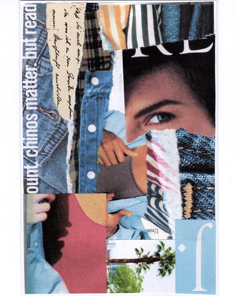 Colorful collage with cutouts of denim fabric, handwritten text, palm trees, a partly visible face with one eye, and various patterns layered together. The overall style is abstract and visually textured.