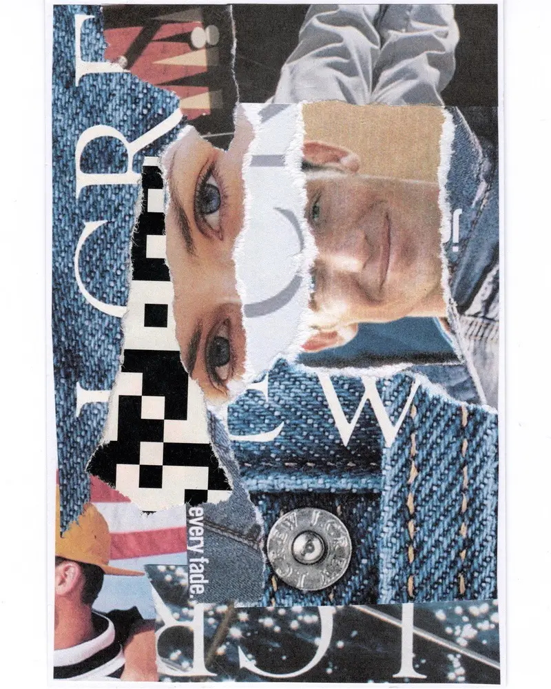 A collage featuring layered images of eyes, partial faces, denim fabric, magazine text, and a metal button, creating a mixed-media portrait with abstract and fragmented elements.