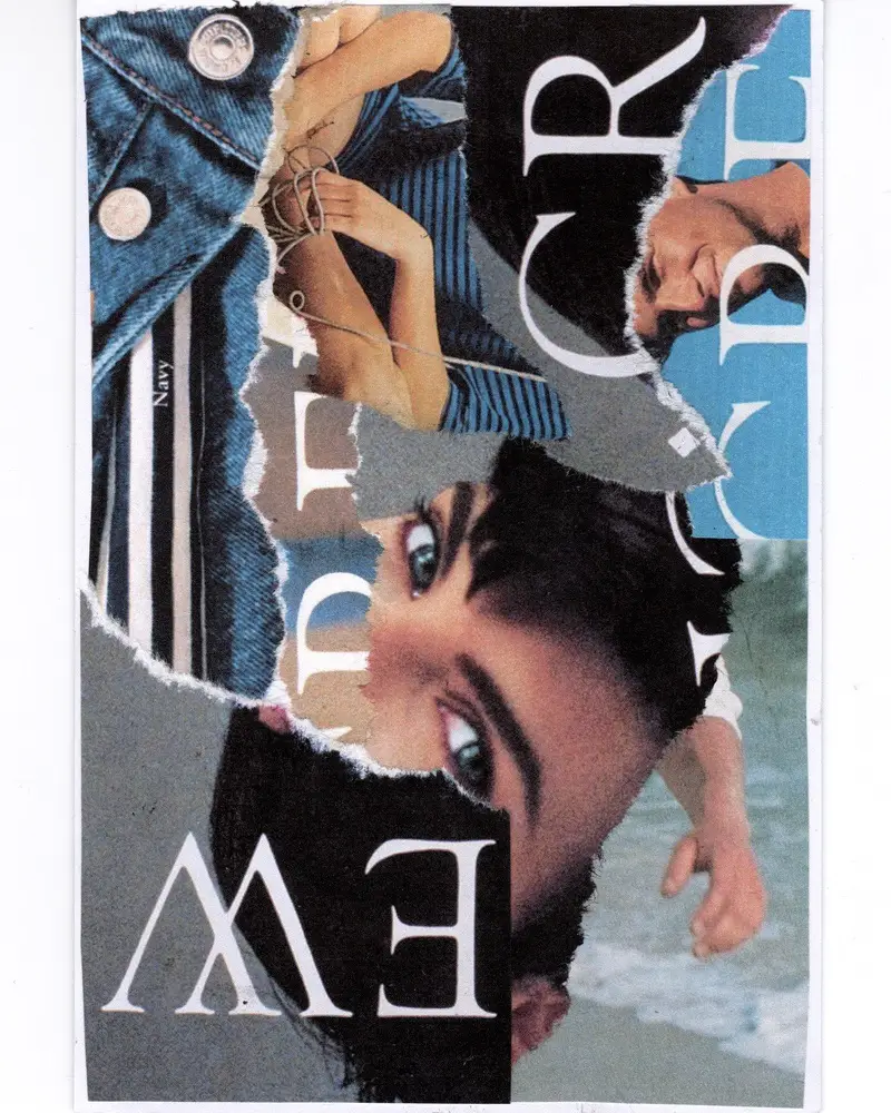 A torn collage features denim, striped clothes, hands, ocean, and a persons face with prominent blue eyes, overlaid with large white letters on a blue background.