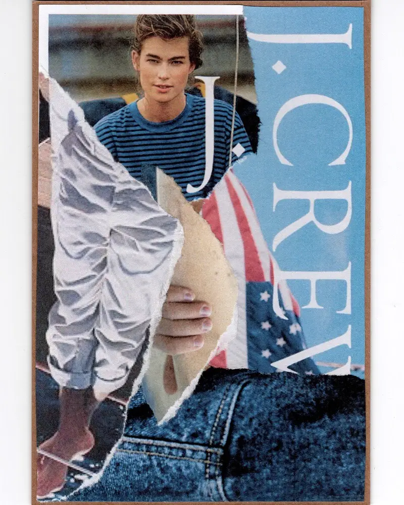 A collage with torn magazine pieces showing a young person in a striped shirt, white pants, a hand holding an American flag, denim fabric, and the large text J. CREW on a blue background.
